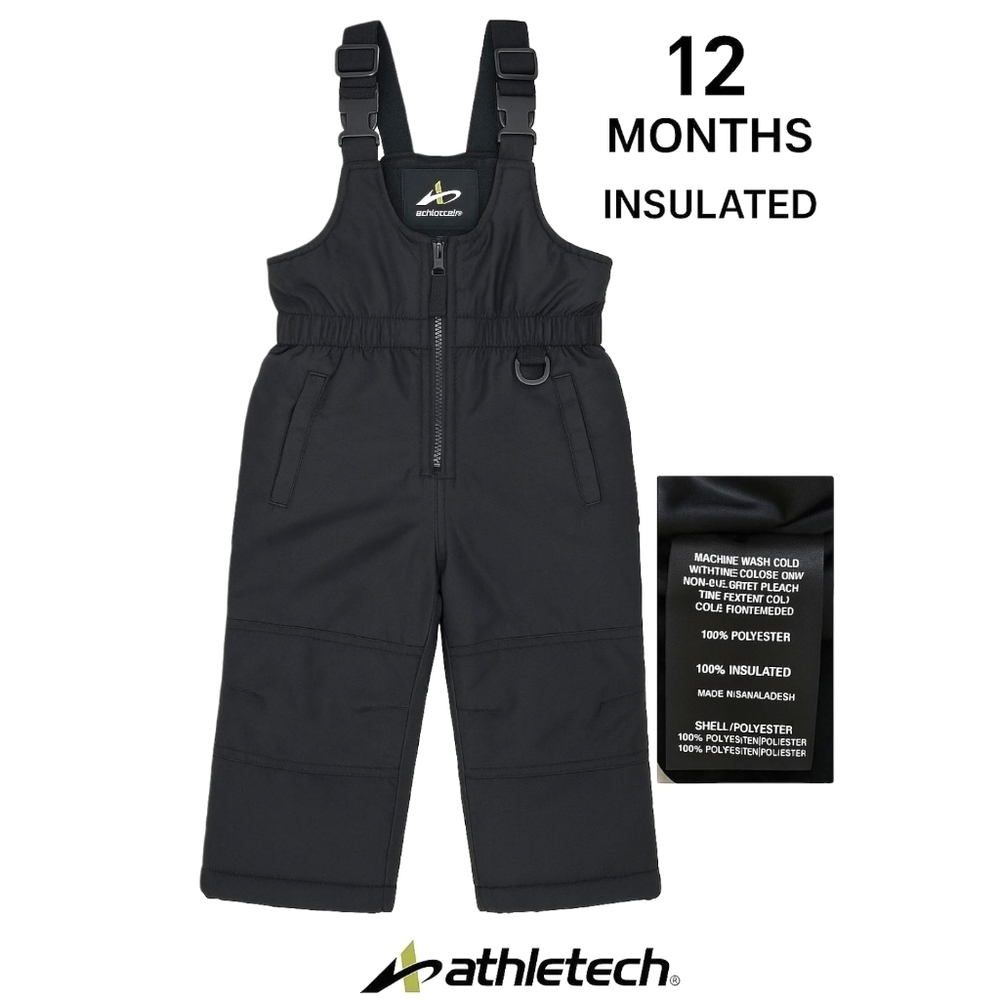 AthleTech Toddler Snow Bibs Black 12 Months Winter Ski Pants Overalls Insulated